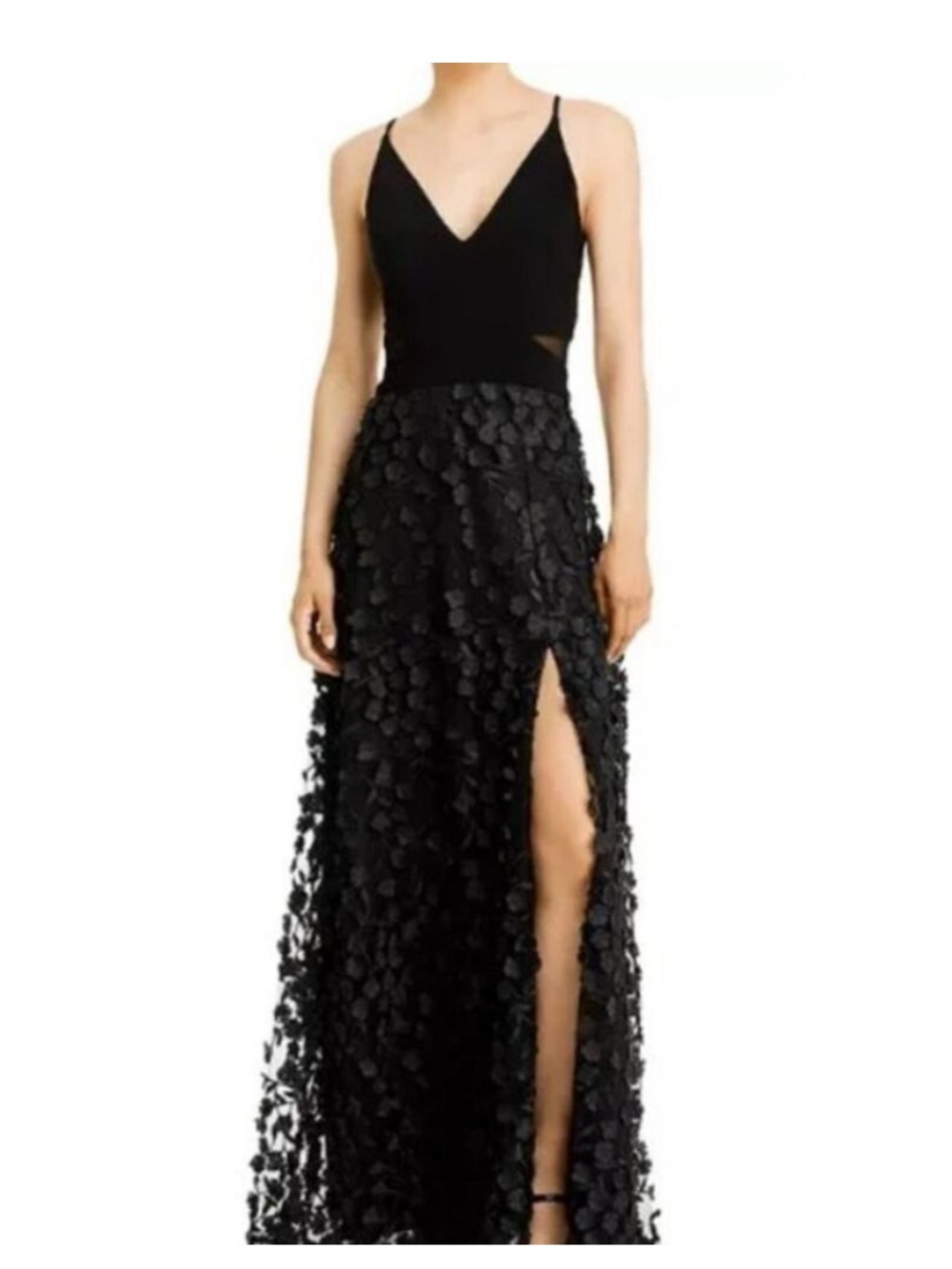 XSCAPE Sleeveless Floral Textured Maxi Gown Sz 12 Petite V-Neck Mesh Side Slit - Picture 1 of 7